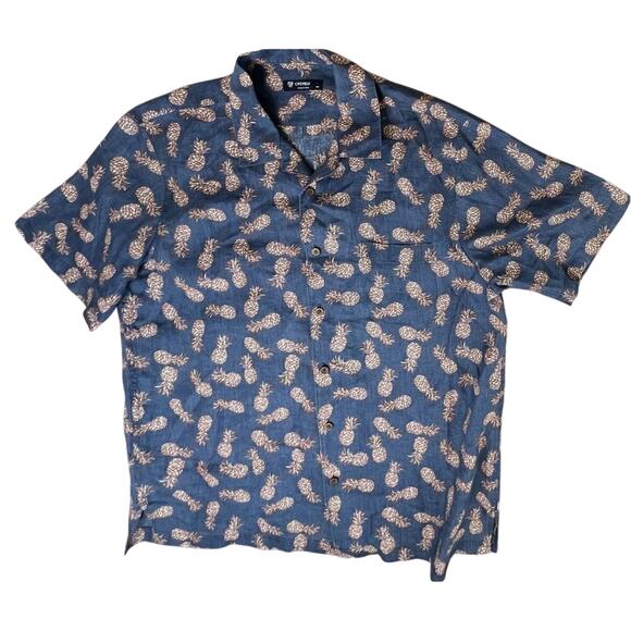 Cremieux Island Pineapple Tropical Linen Blue Button Up Hawaiian Shirt LARGE - Picture 1 of 11
